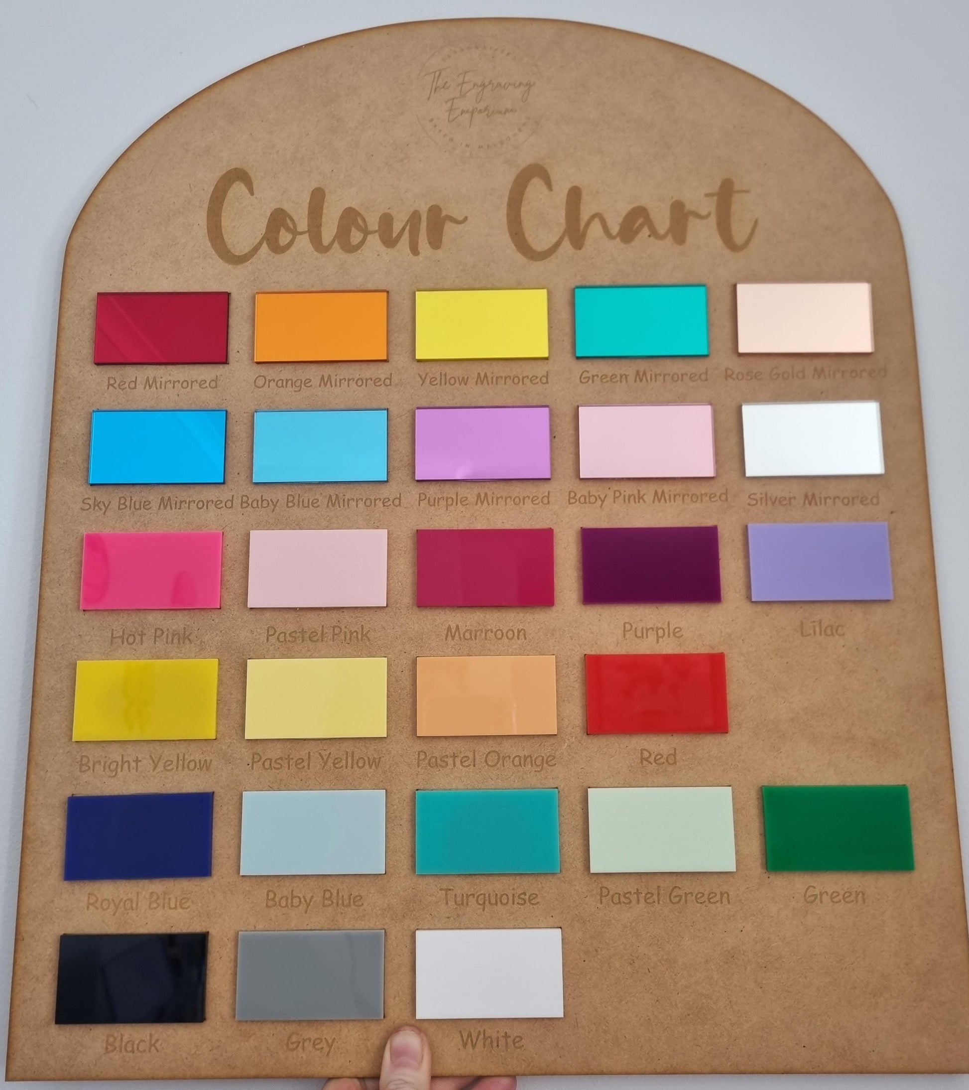 the engraving emporium colour chart showing all of the available acrylic colours and the names ofthem