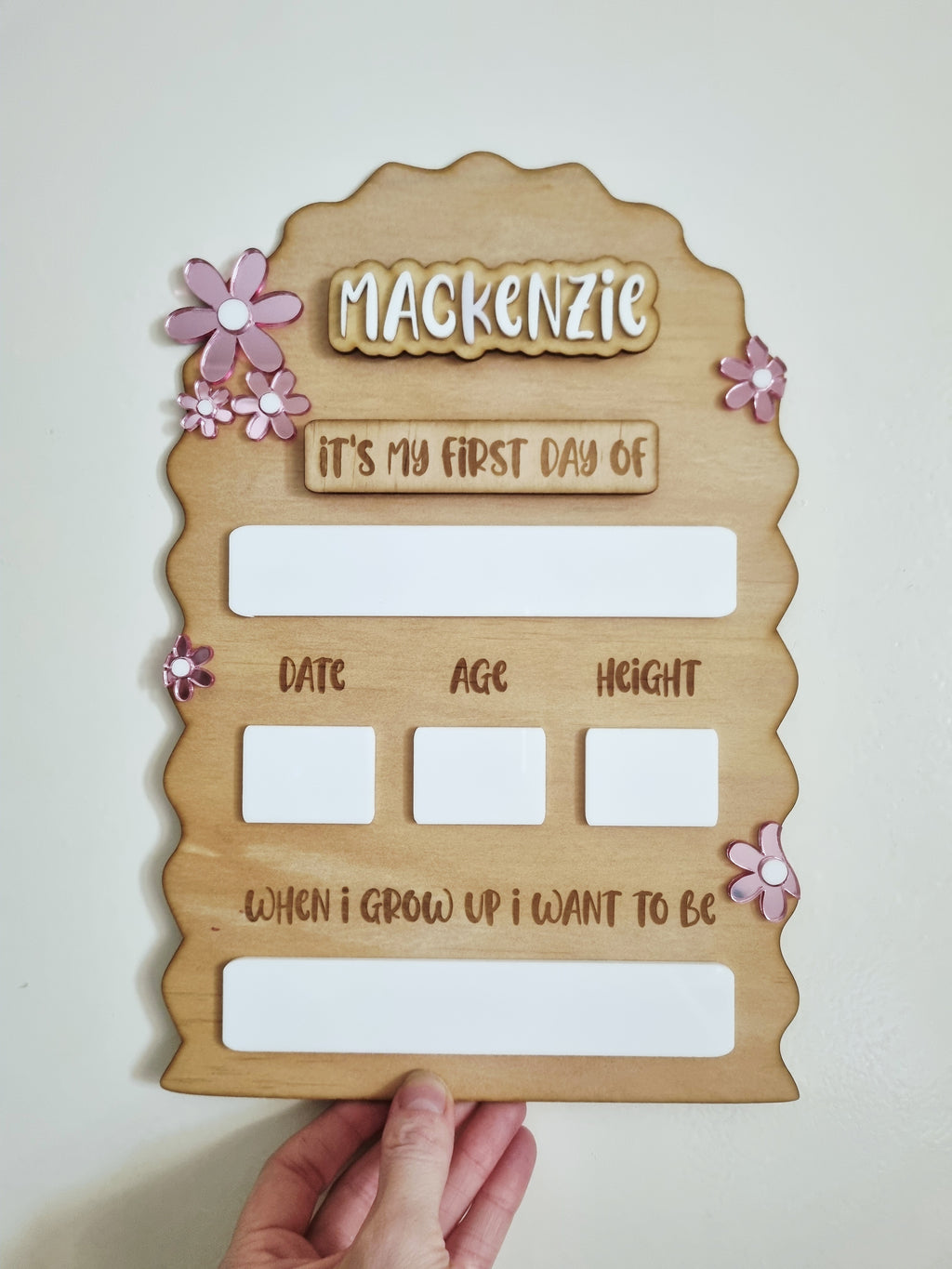 First Day of School Interchangeable Board – Personalised Reusable Photo Prop With Flower Detail
