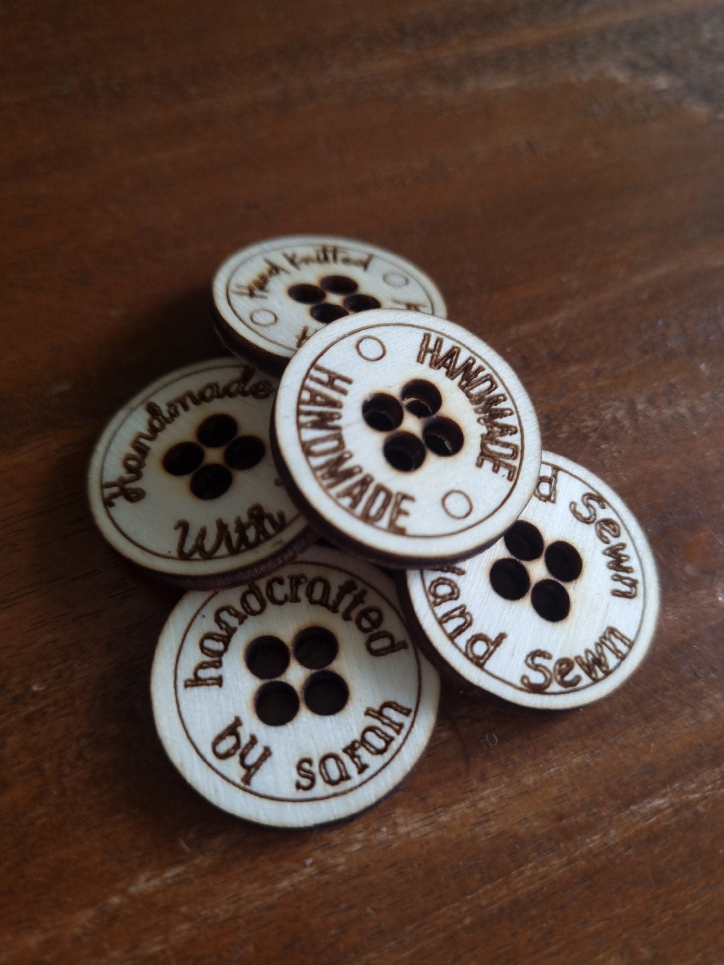 Wooden Engraved Handmade Small Business Buttons, Hand Sewn, Hand Crafted, Product Tags, Eco-Friendly Tags