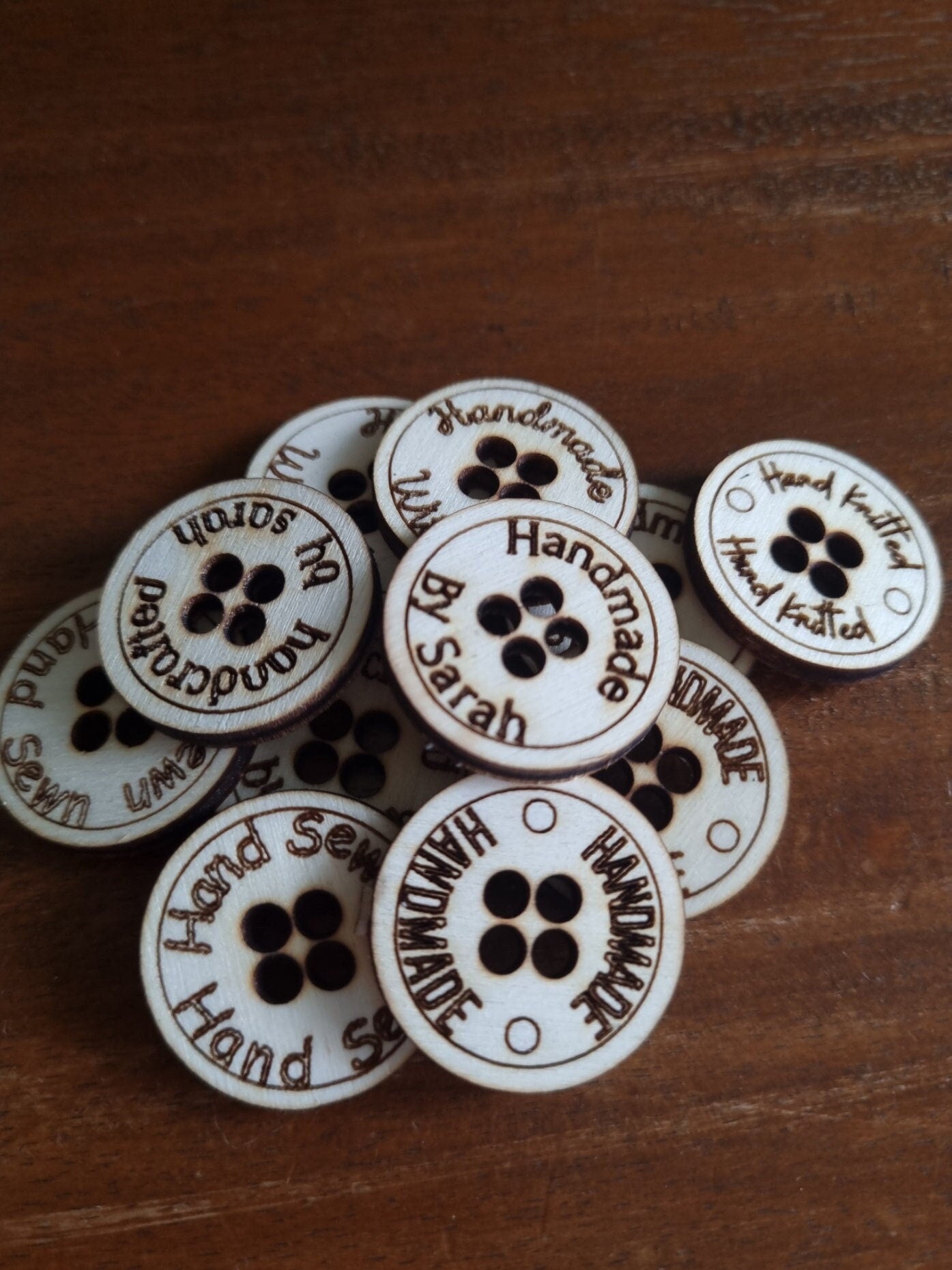 Wooden Engraved Handmade Small Business Buttons, Hand Sewn, Hand Crafted, Product Tags, Eco-Friendly Tags