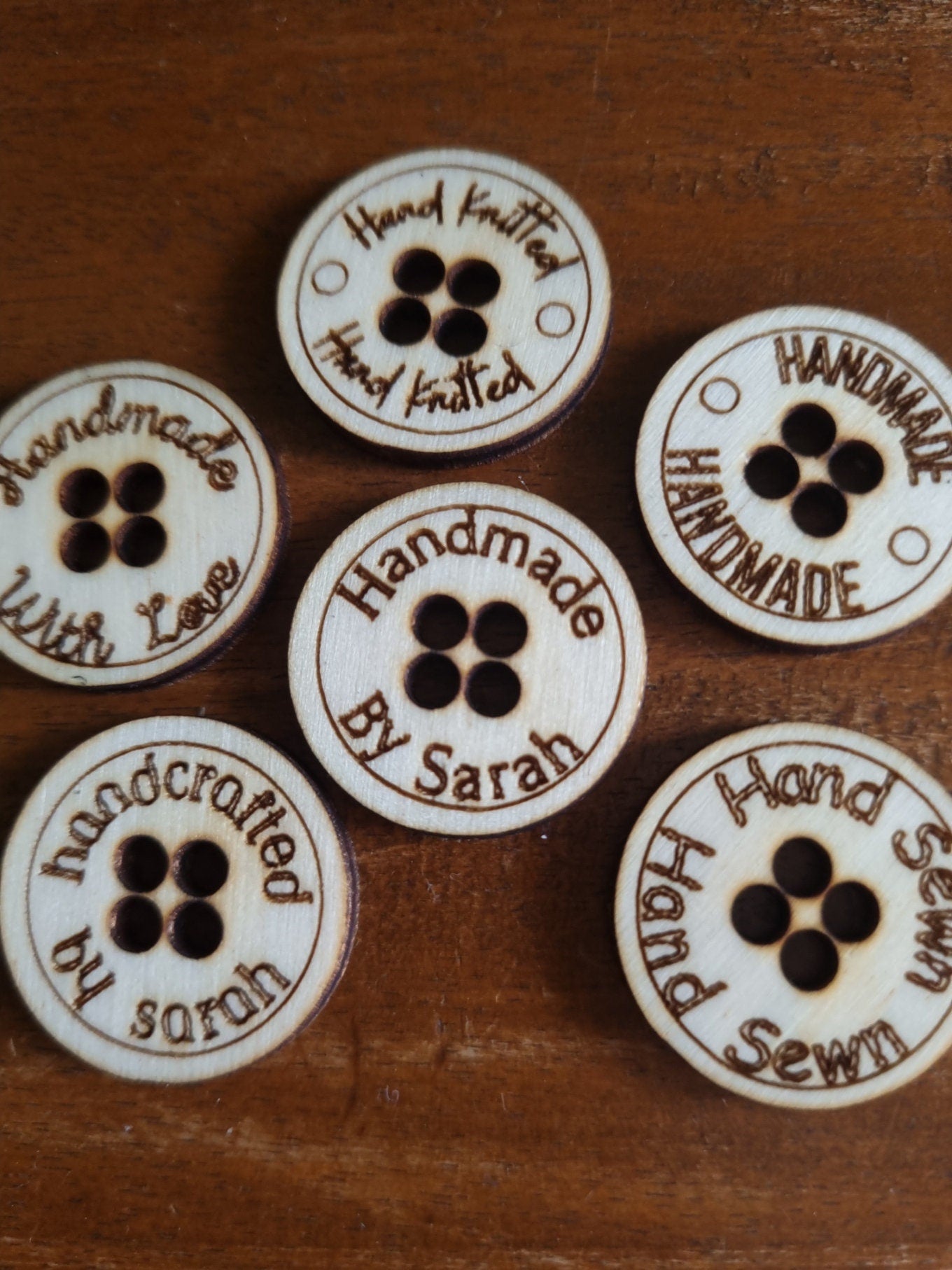 Wooden Engraved Handmade Small Business Buttons, Hand Sewn, Hand Crafted, Product Tags, Eco-Friendly Tags