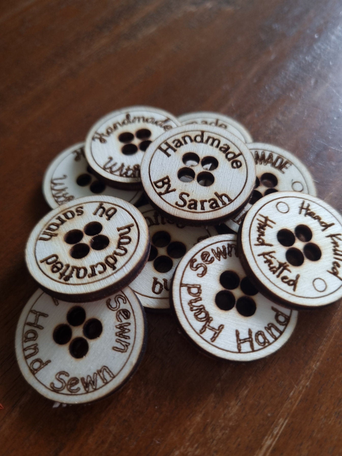 Wooden Engraved Handmade Small Business Buttons, Hand Sewn, Hand Crafted, Product Tags, Eco-Friendly Tags