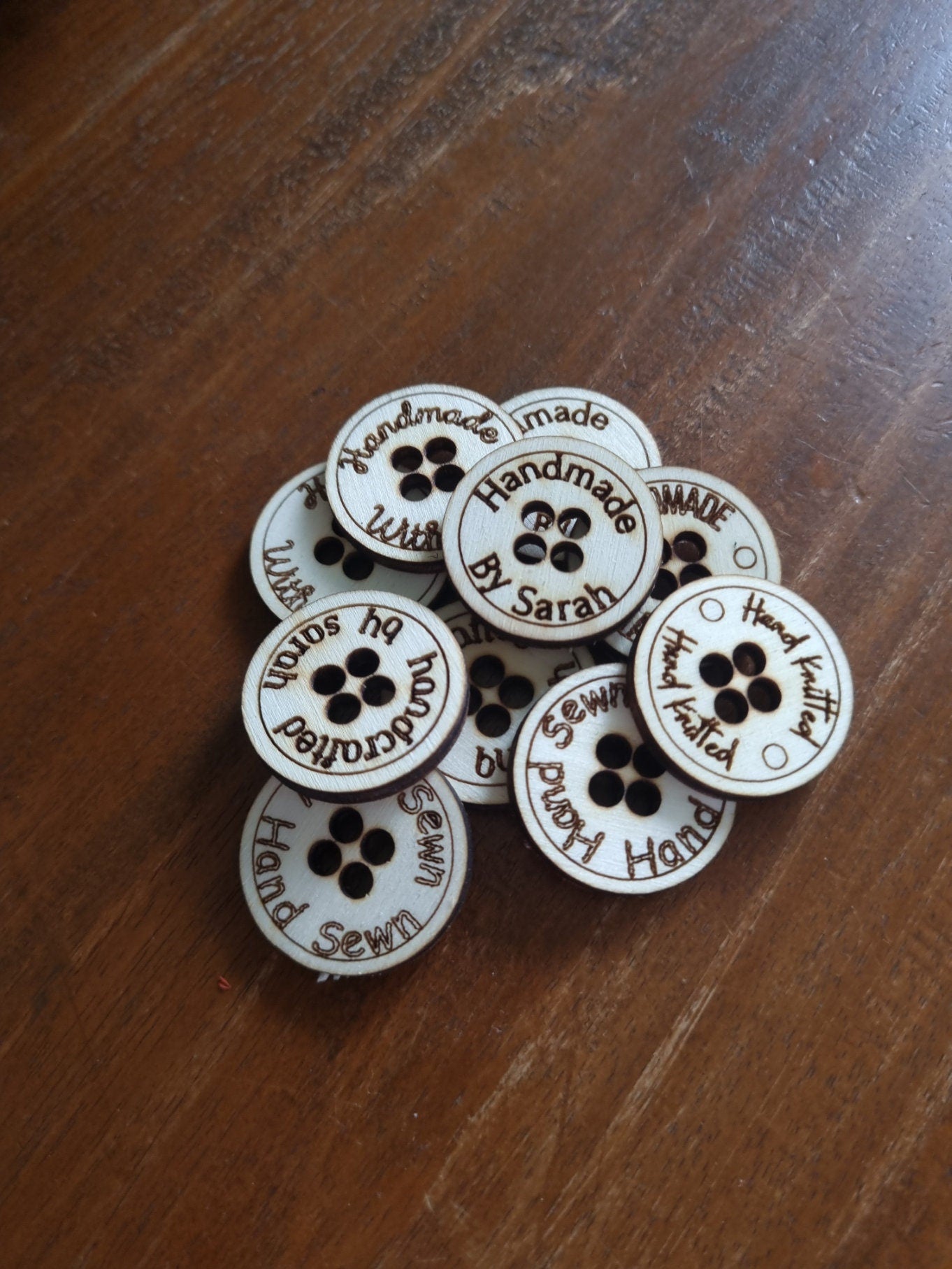 Wooden Engraved Handmade Small Business Buttons, Hand Sewn, Hand Crafted, Product Tags, Eco-Friendly Tags