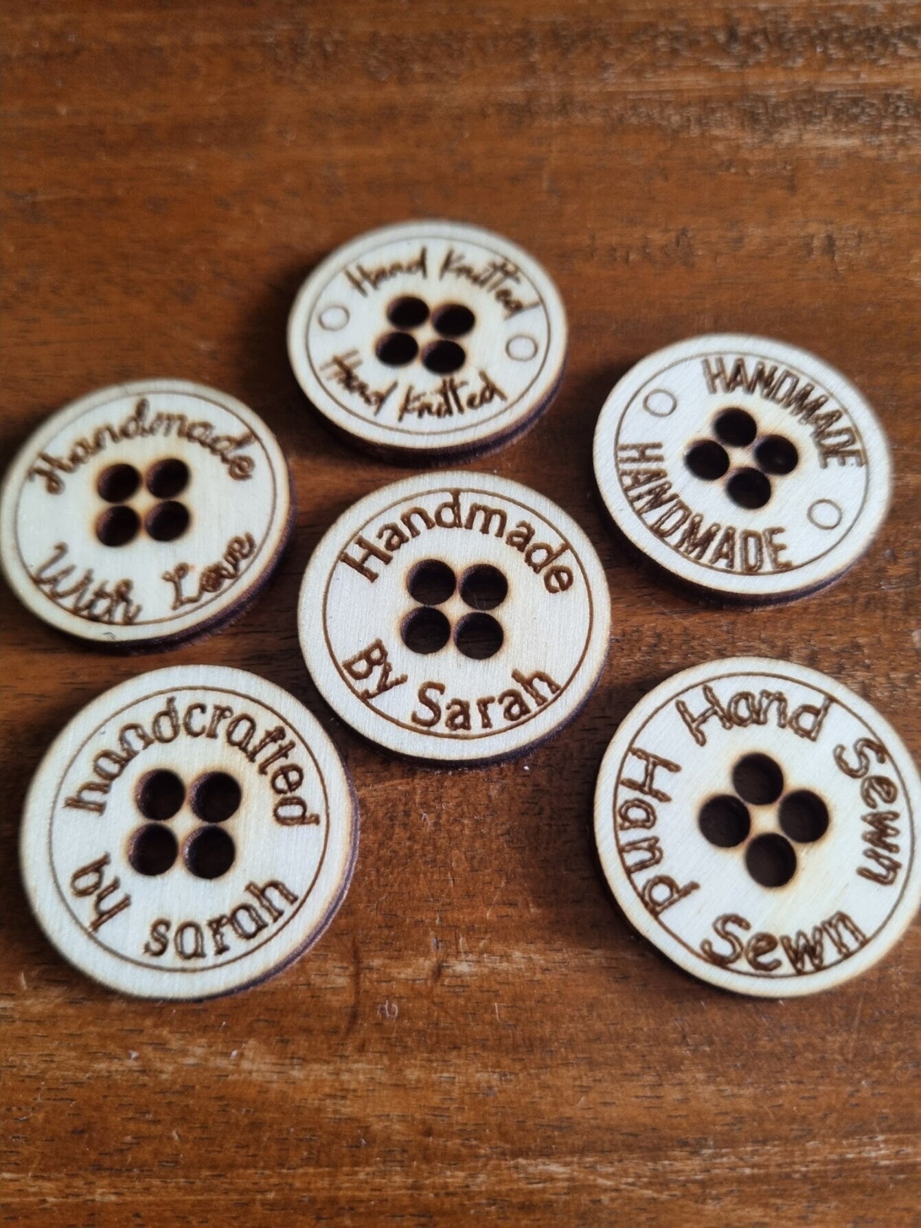 Wooden Engraved Handmade Small Business Buttons, Hand Sewn, Hand Crafted, Product Tags, Eco-Friendly Tags
