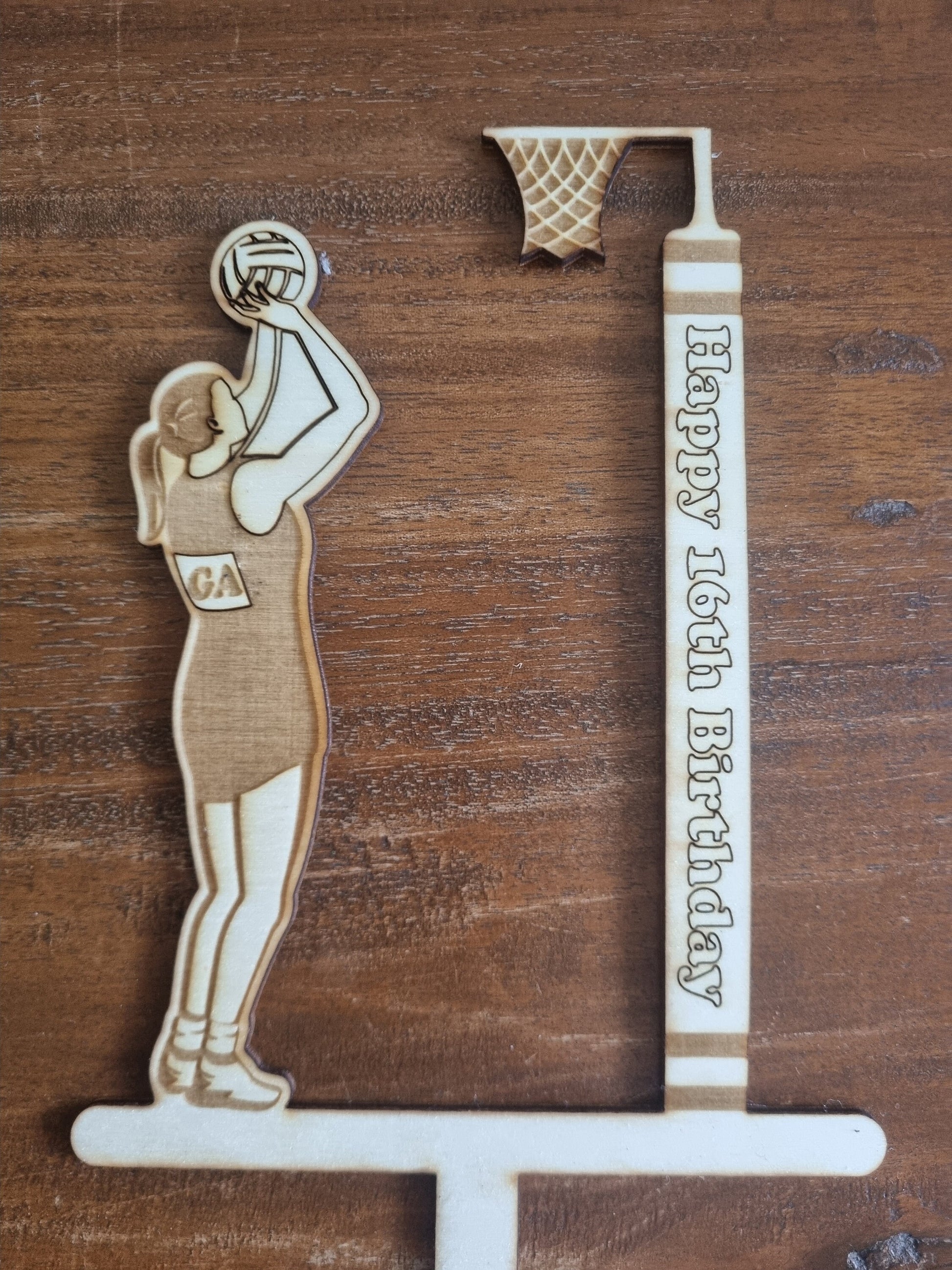 Netball Cake Topper, Personalised Birthday Decoration, Engraved