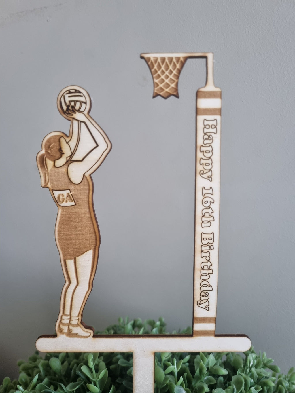 Netball Cake Topper, Personalised Birthday Decoration, Engraved