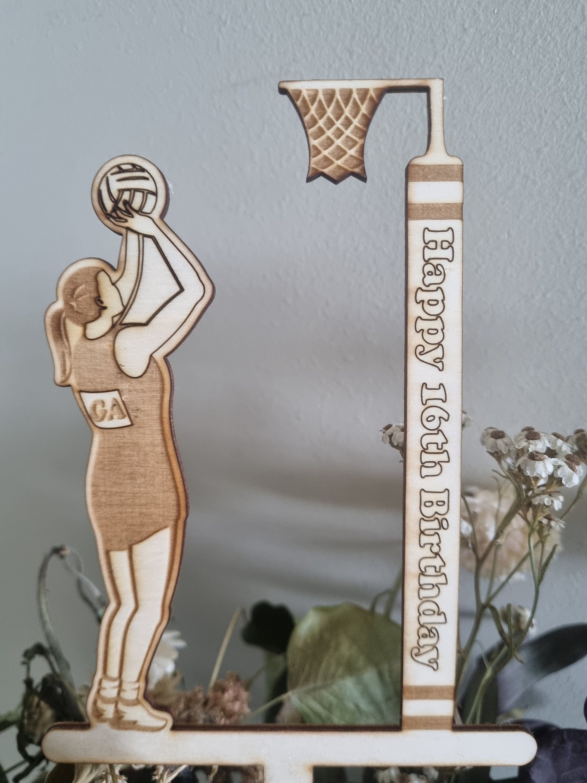 Netball Cake Topper, Personalised Birthday Decoration, Engraved