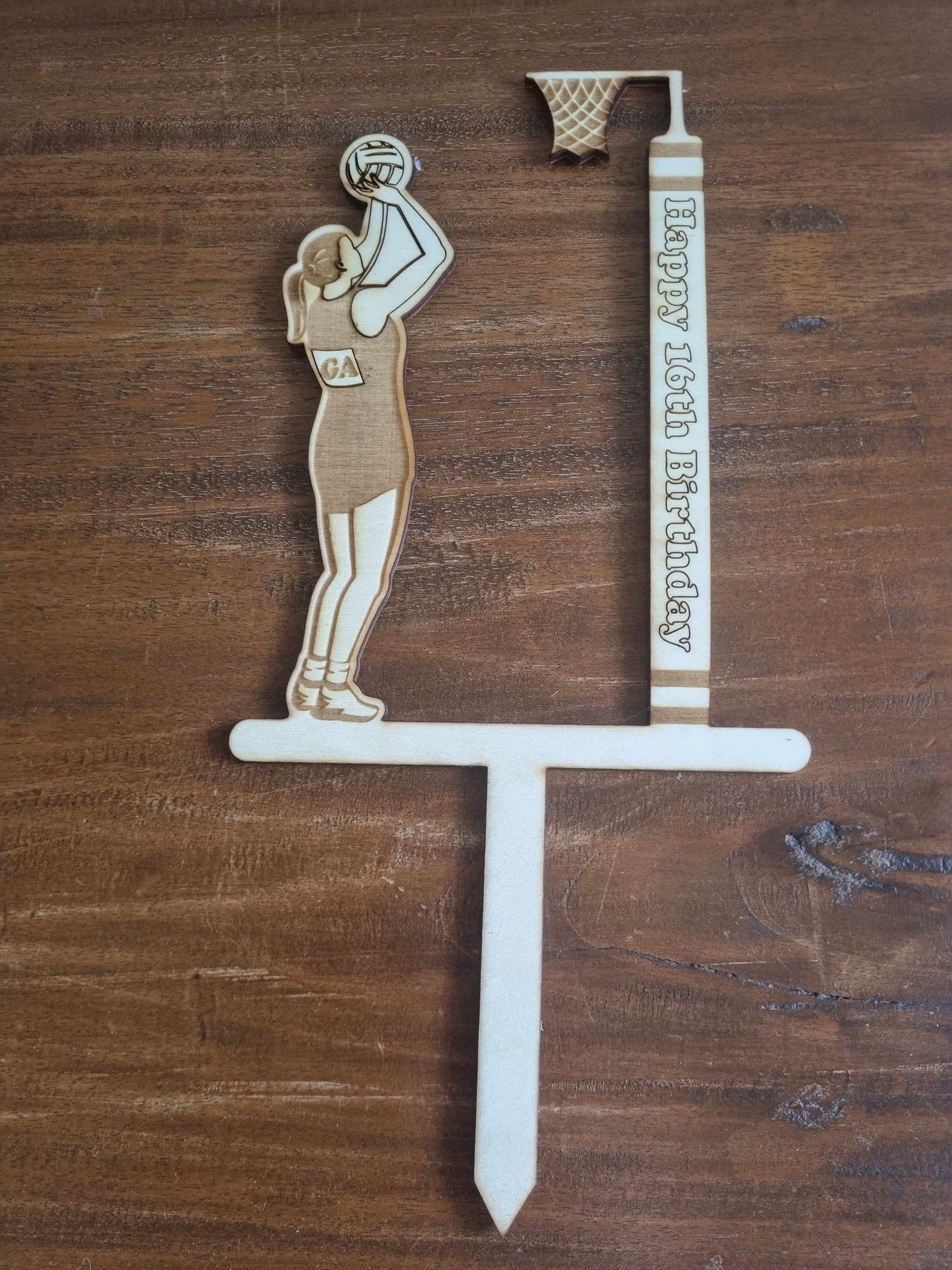Netball Cake Topper, Personalised Birthday Decoration, Engraved