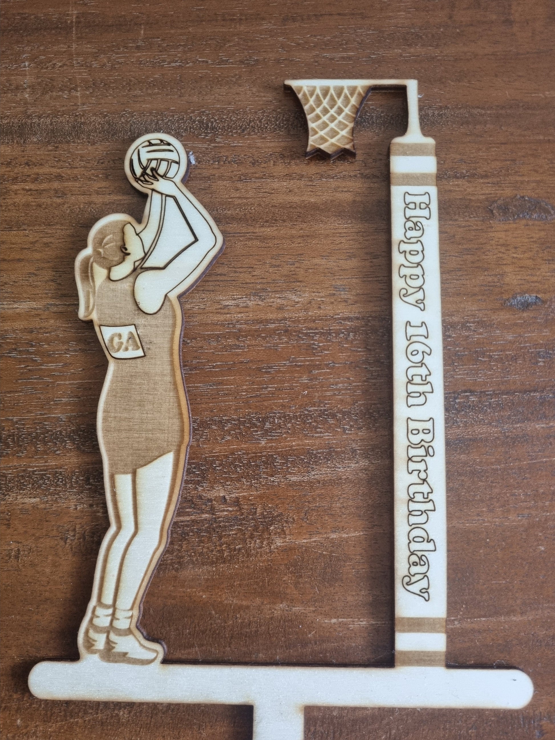 Netball Cake Topper, Personalised Birthday Decoration, Engraved