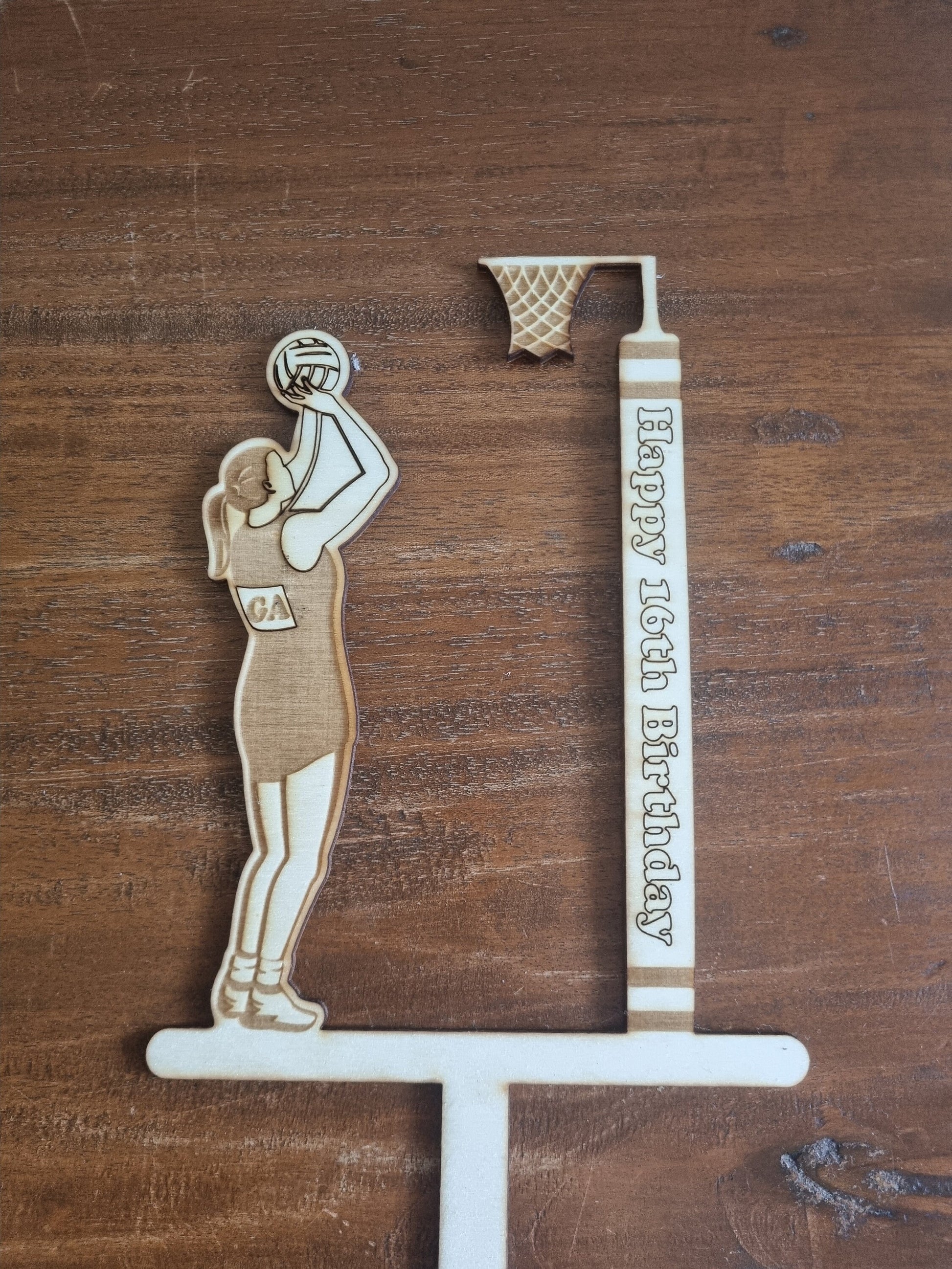 Netball Cake Topper, Personalised Birthday Decoration, Engraved