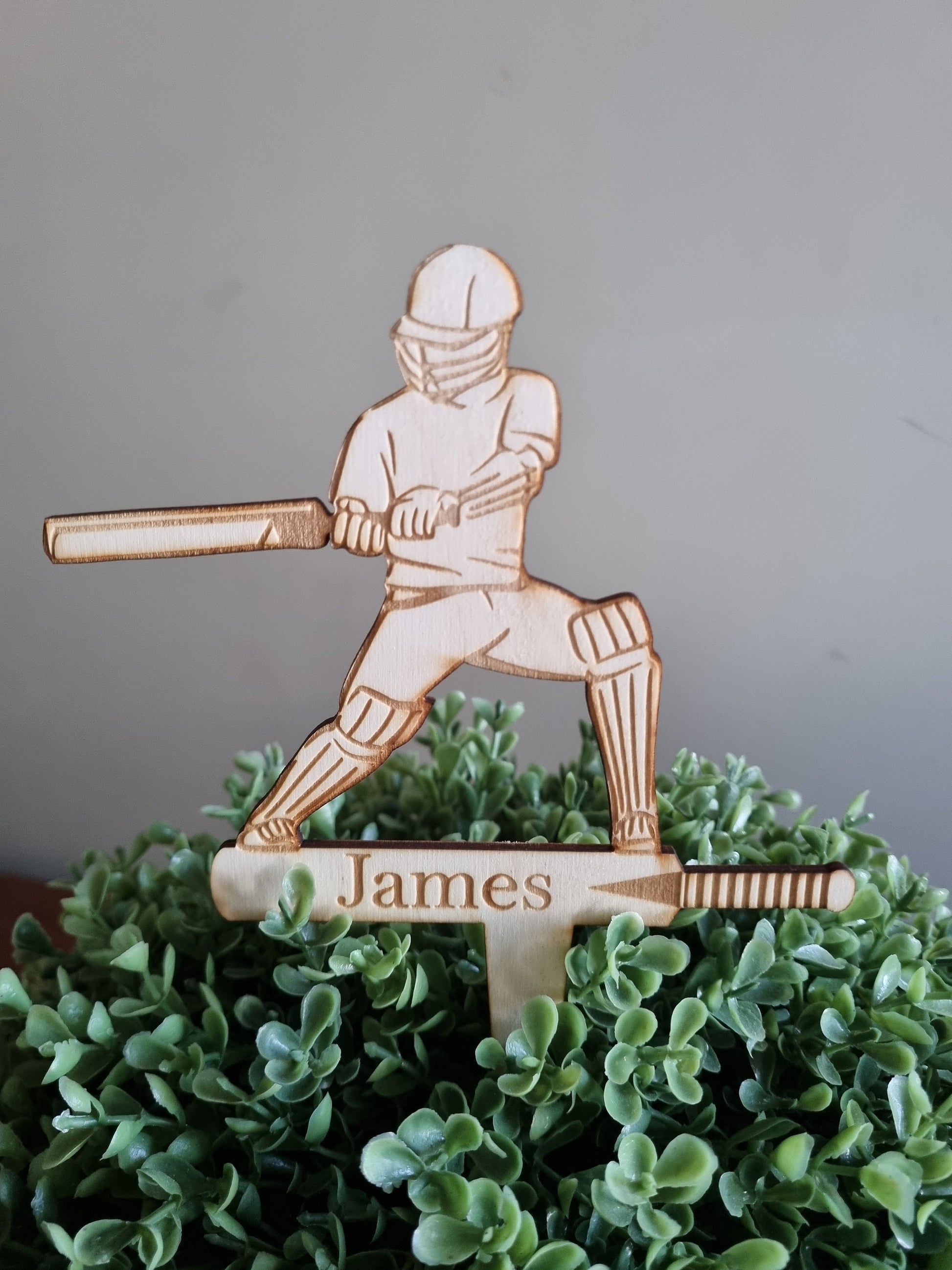 Cricket Cake Topper, Personalised Birthday Decoration, Engraved
