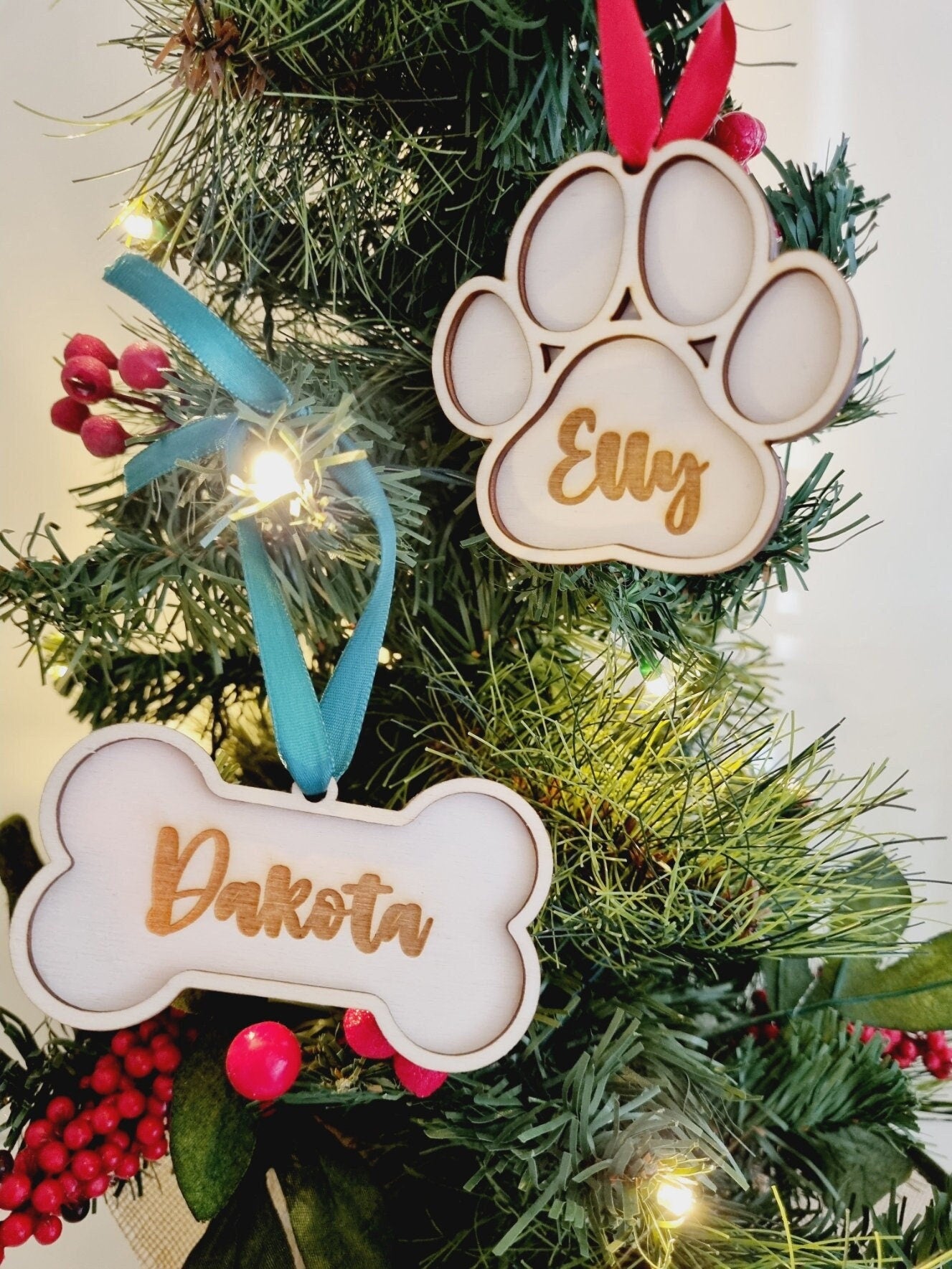 Dog Personalised Engraved Christmas Ornament, Pet Ornament, Dog Bone, Paw Ornament