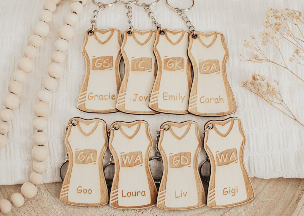 Personalised Netball Dress Keyring, Custom Netball Gift, Netball Player Keychain, Netball Coach Gift