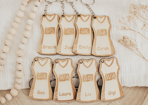 Personalised Netball Dress Keyring, Custom Netball Gift, Netball Player Keychain, Netball Coach Gift