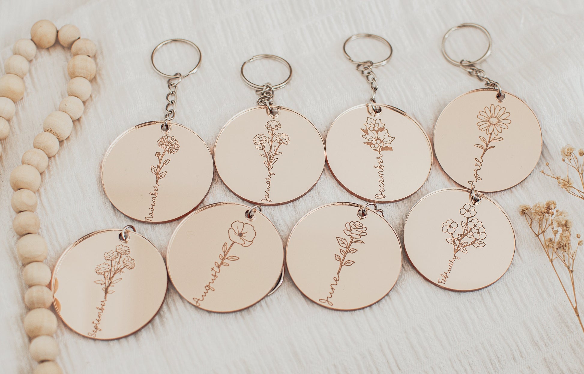 Birth Flower Keyring, Mirrored Acrylic Keyring, Mothers Day Gift, Anniversary Gift