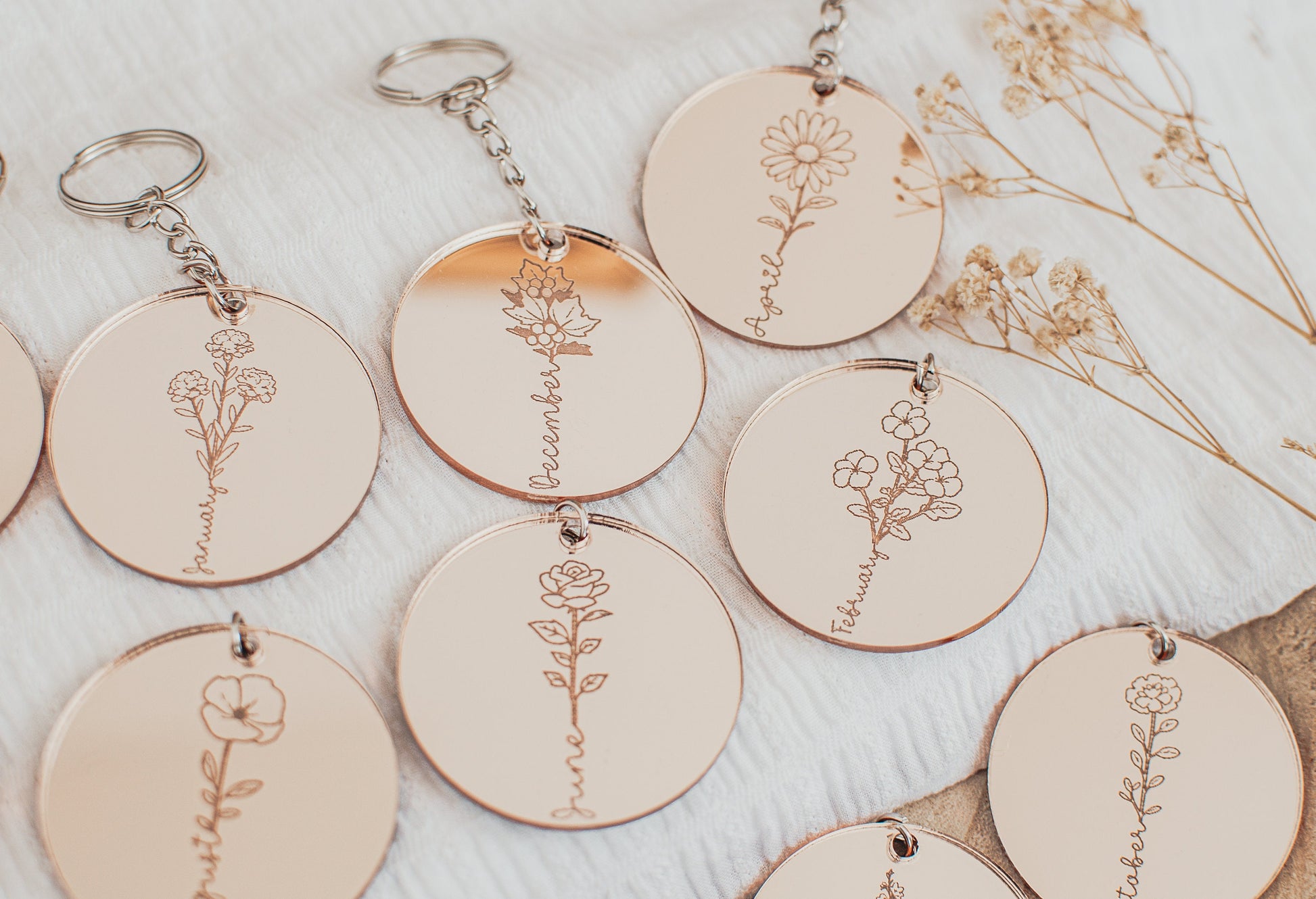 Birth Flower Keyring, Mirrored Acrylic Keyring, Mothers Day Gift, Anniversary Gift