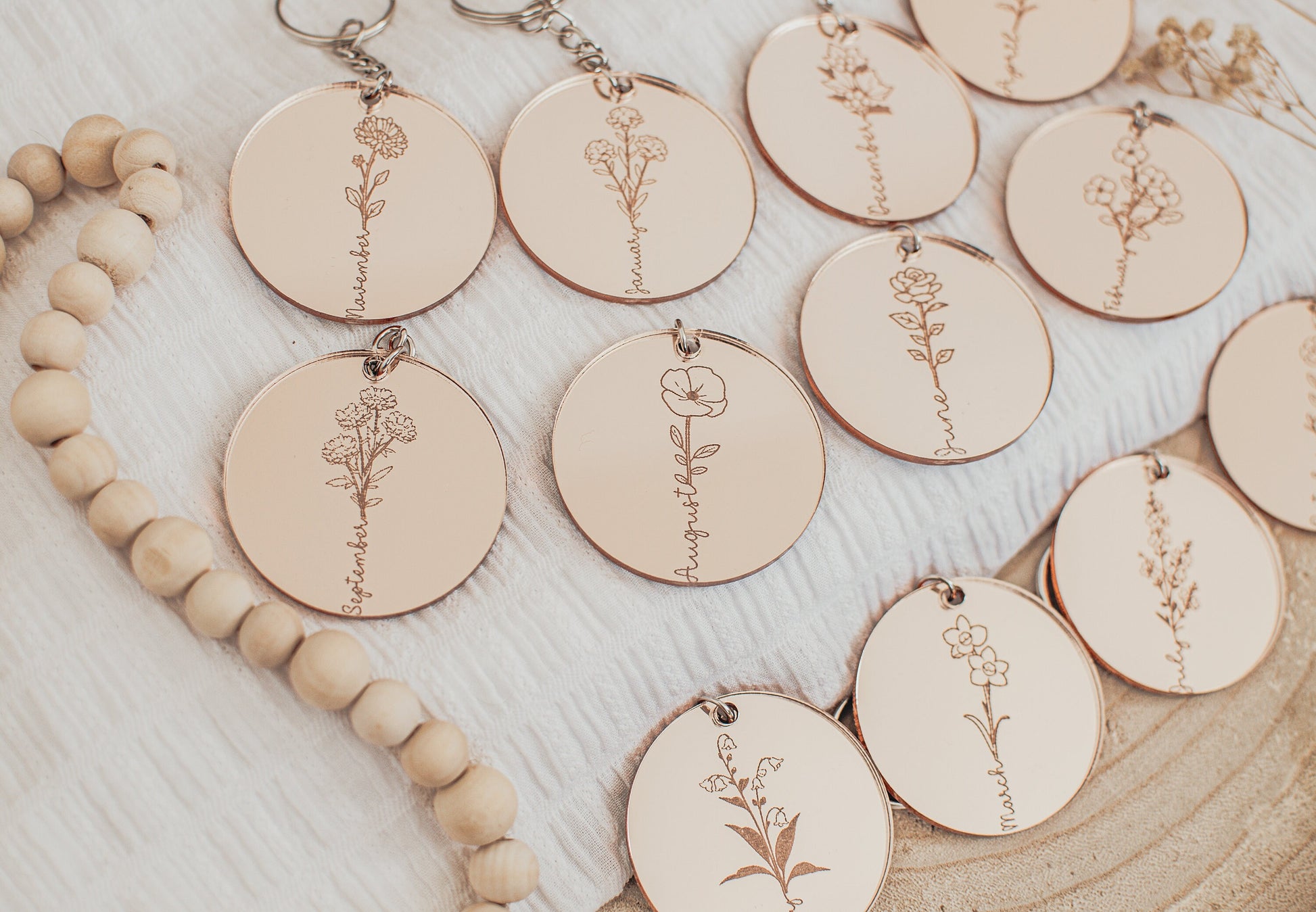 Birth Flower Keyring, Mirrored Acrylic Keyring, Mothers Day Gift, Anniversary Gift