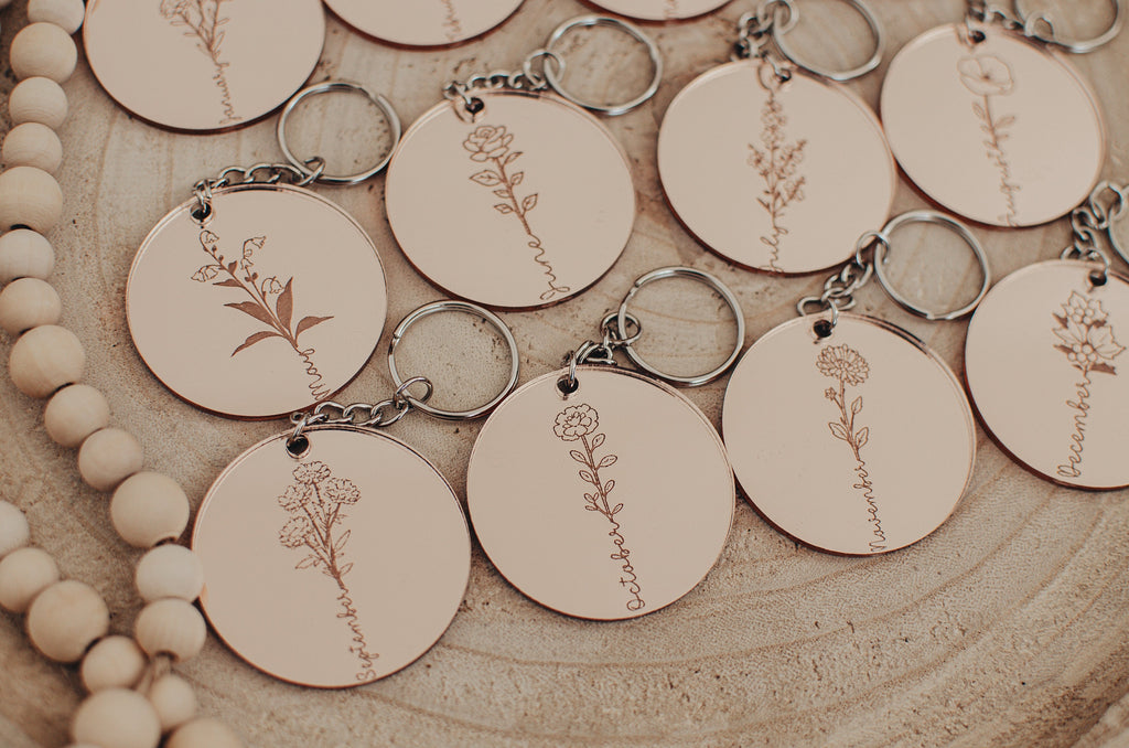 Birth Flower Keyring, Mirrored Acrylic Keyring, Mothers Day Gift, Anniversary Gift