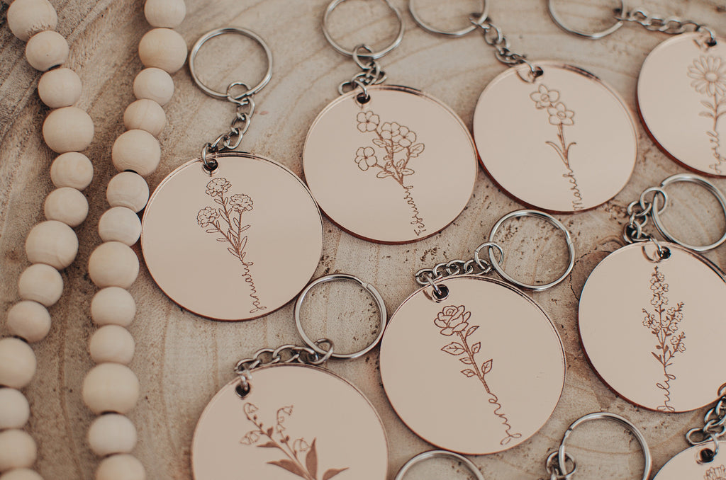 Birth Flower Keyring, Mirrored Acrylic Keyring, Mothers Day Gift, Anniversary Gift