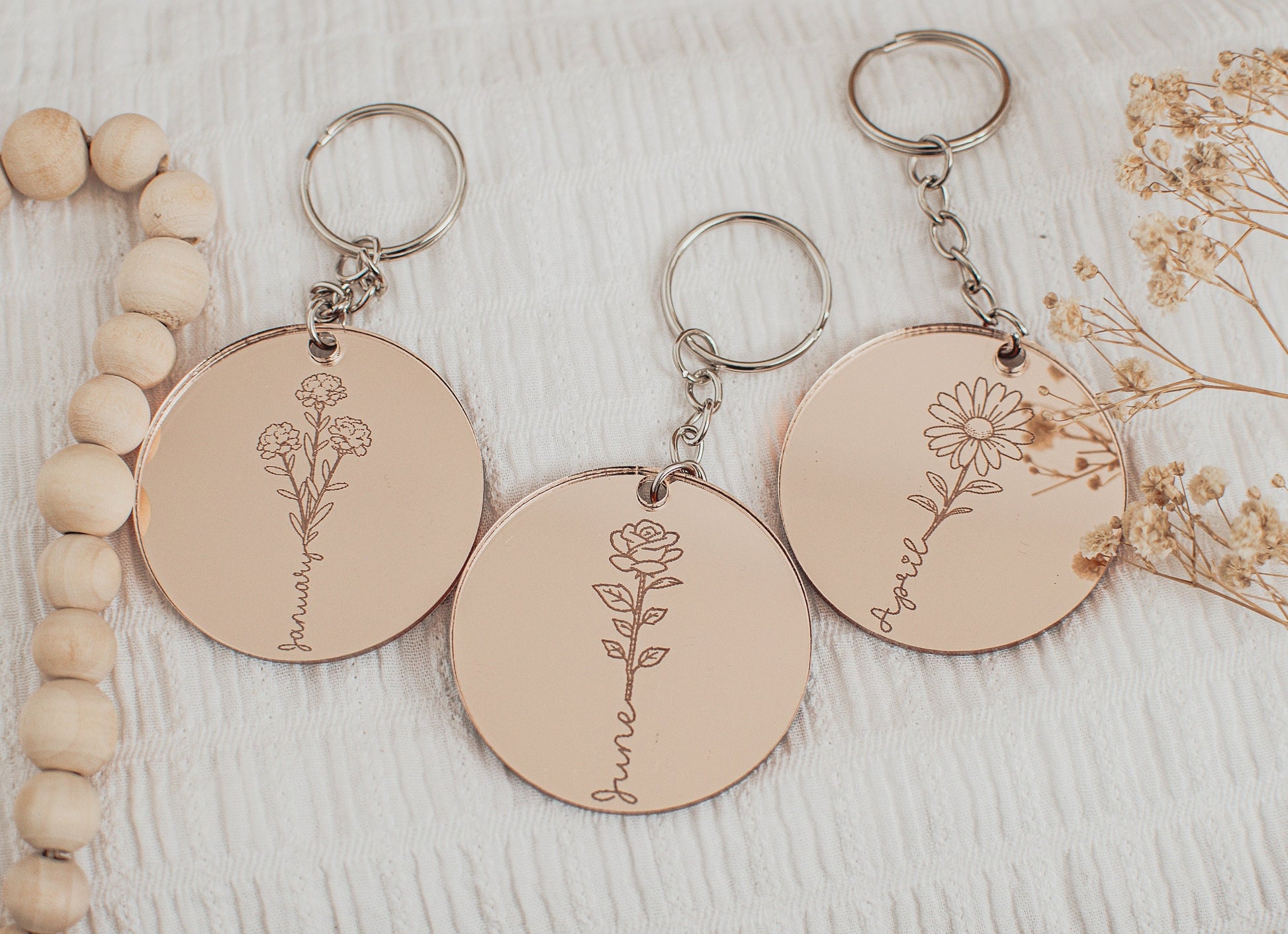 Birth Flower Keyring, Mirrored Acrylic Keyring, Mothers Day Gift, Anniversary Gift