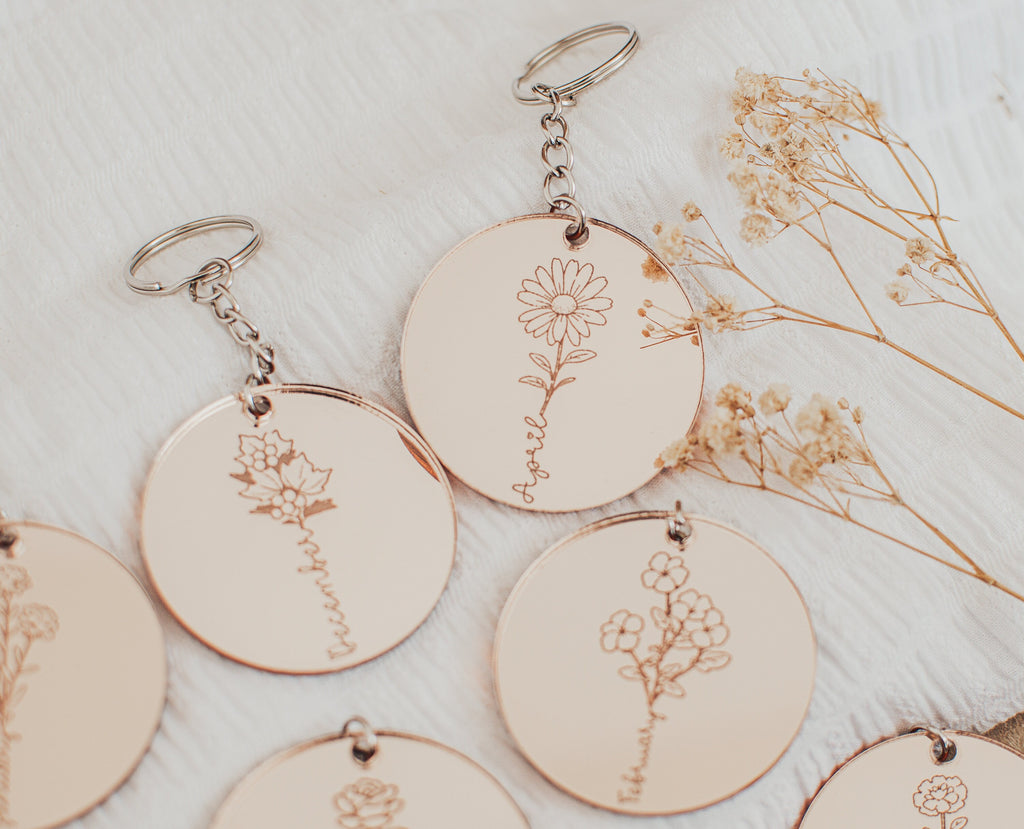Birth Flower Keyring, Mirrored Acrylic Keyring, Mothers Day Gift, Anniversary Gift