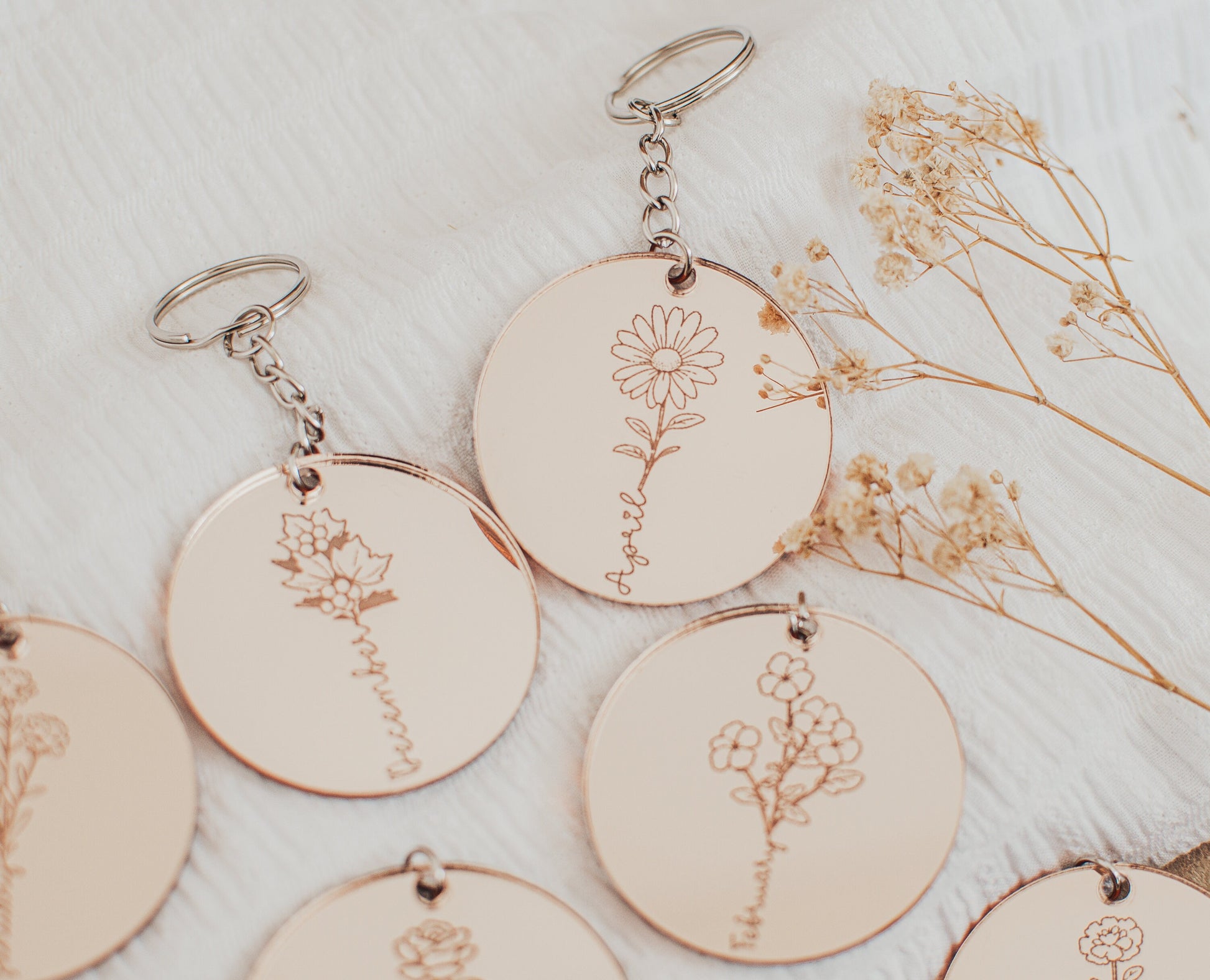 Birth Flower Keyring, Mirrored Acrylic Keyring, Mothers Day Gift, Anniversary Gift