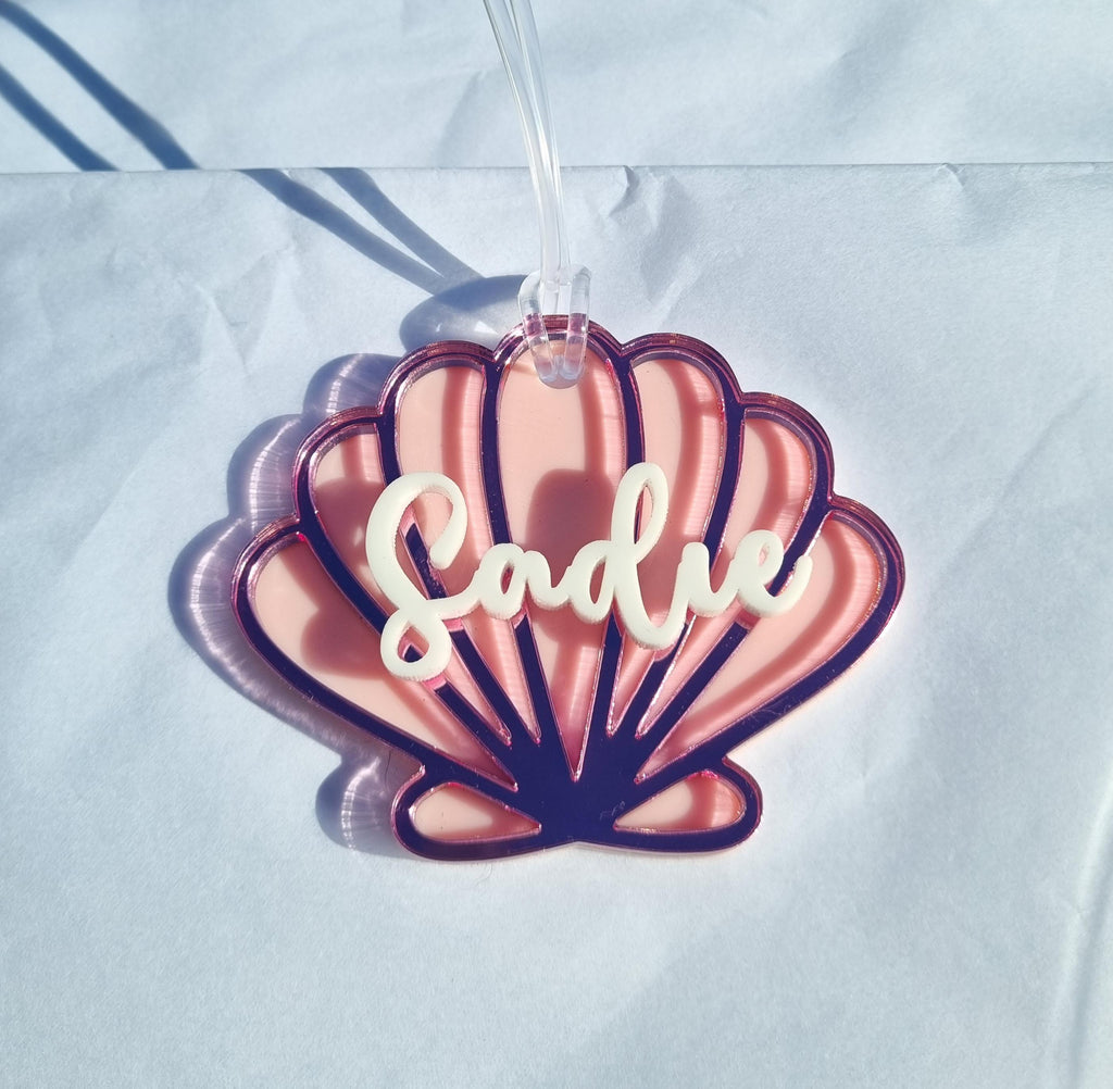 Personalised Shell Bag Tag, Custom Mermaid Themed Backpack Tag Keychain for School Kindergarten